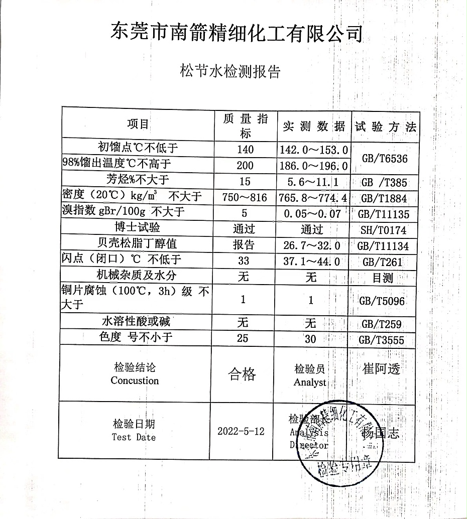 松節(jié)水質(zhì)量檢測報告