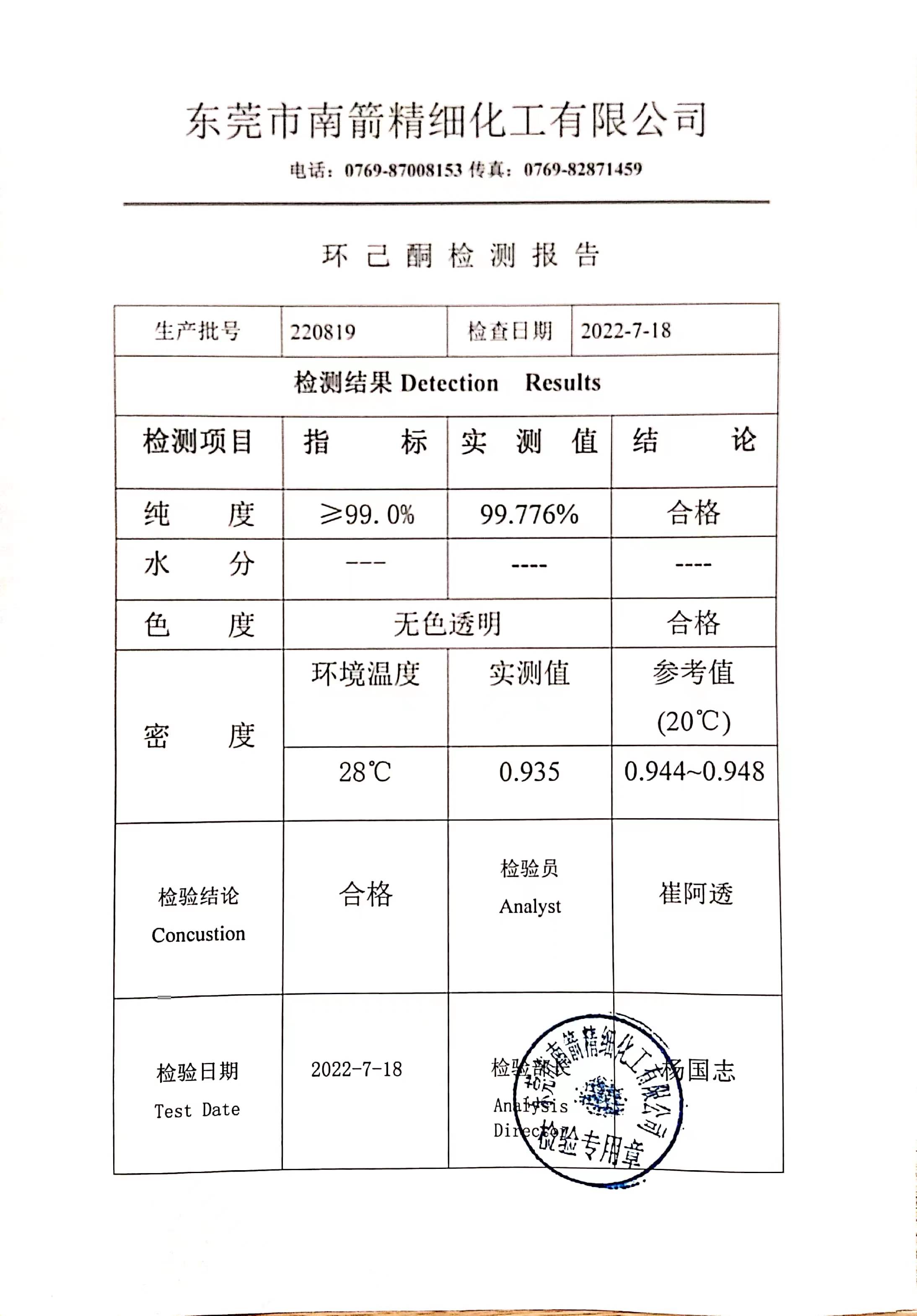 環(huán)己烷質量檢測報告