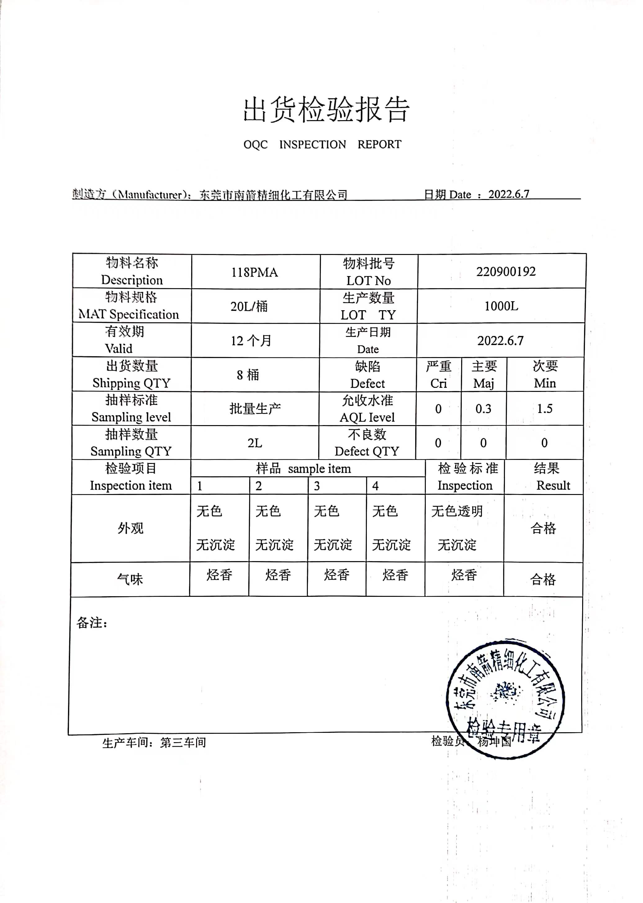 丙二醇質(zhì)量檢測報(bào)告